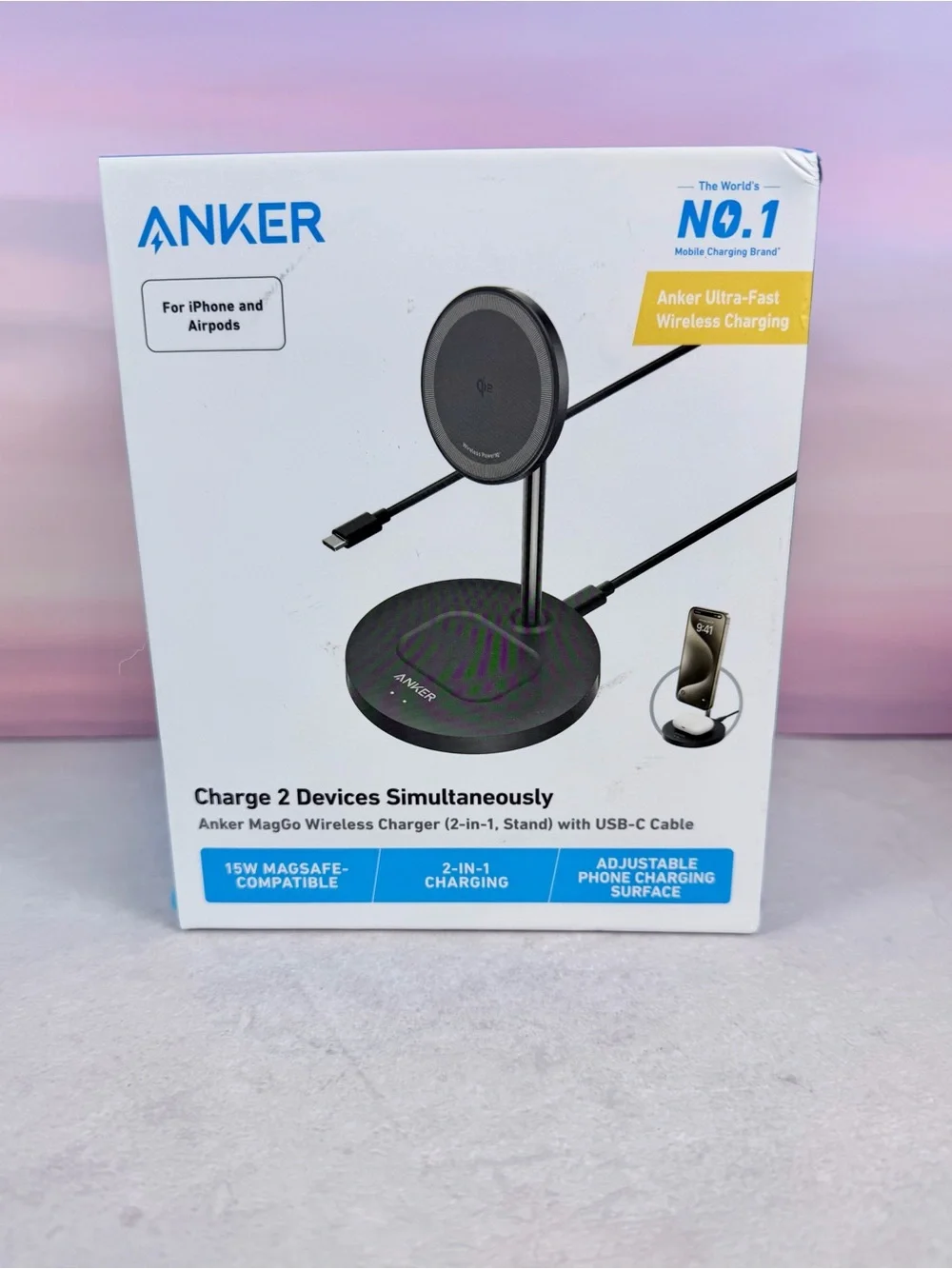 Anker MagGo 2‑in‑1 Wireless Charger - Bright Blue